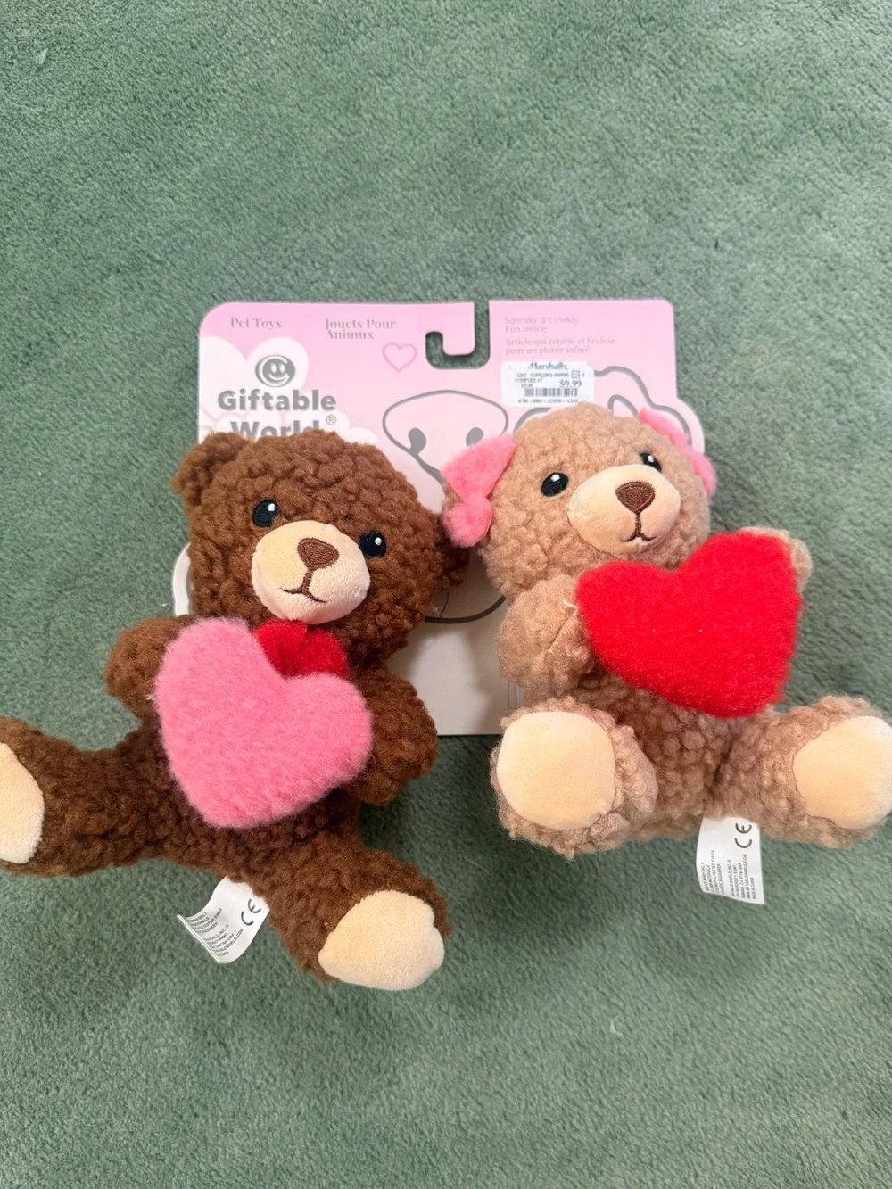 Marshalls Plush Twin Teddy Bears - Brown & Tan with Pink and Red Hearts